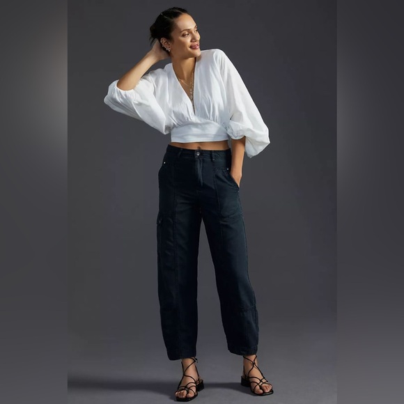 Anthropologie Pants - Anthropologie Utility Barrel Leg Cargo Pants Size 14 Black Blue High Rise Ankle